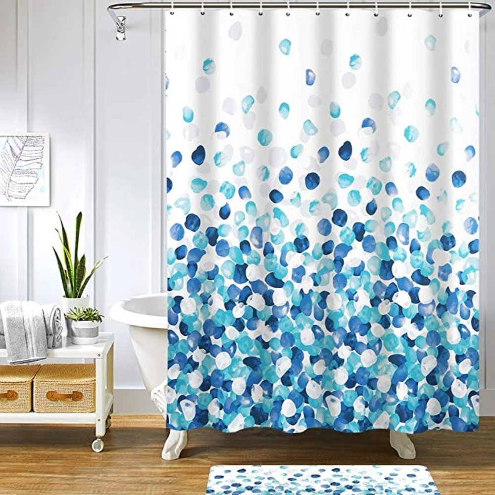 Fabric Shower Curtain, Blue Pebble Stone Rocks on White with Acrylic Hooks